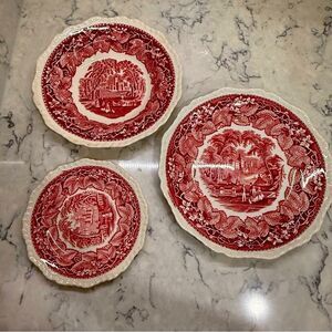 Vintage antique Mason ware red vista pink  transferware rare collectible set 2